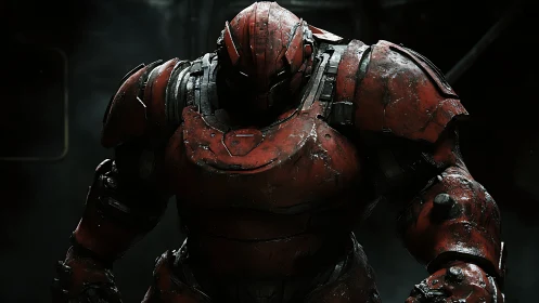 War-torn red mech warrior under harsh cinematic lighting.