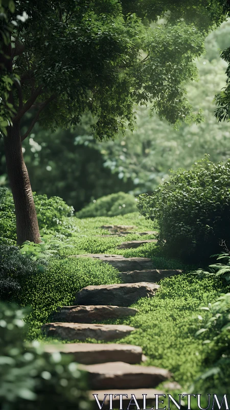 Stone pathway through dense green forest with towering canopy