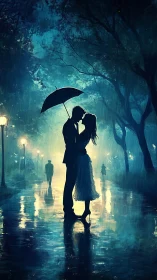 Silhouetted Couple Sheltering Beneath Umbrella in Nocturnal Urban Downpour.