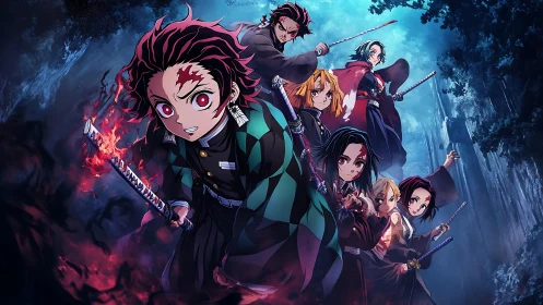 Brave anime swordsmen unite in a glowing forest battle.