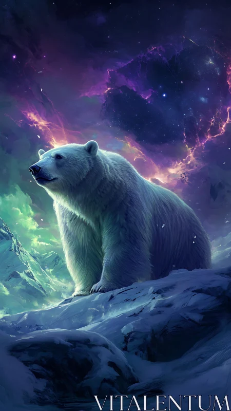 Starlit polar guardian pauses beneath neon-shattered skies