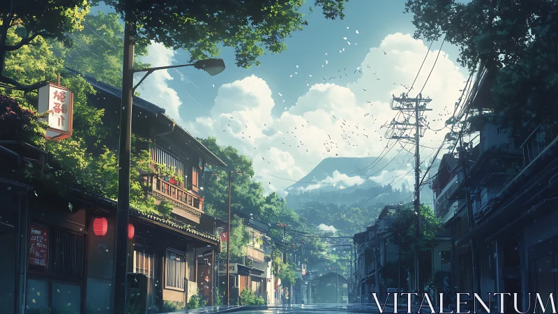Sunlit Japanese street scene under cumulus clouds and distant mountain