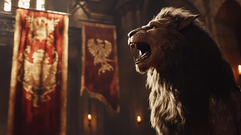 Roaring heraldic lion in vaulted torchlit medieval throne hall