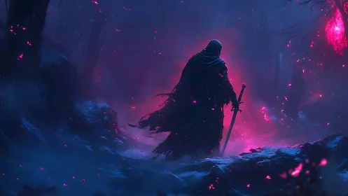 Cloaked figure with sword in bioluminescent forest environment.