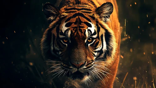 Tiger walks forward in low light with intense direct gaze