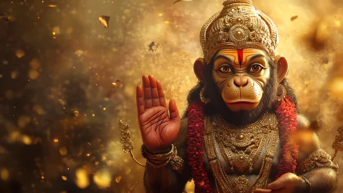 Divine monkey deity idol bathed in radiant golden bokeh glow.