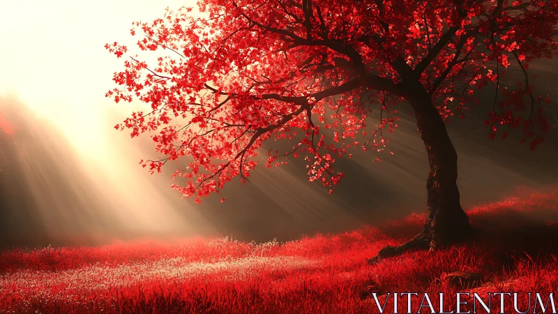 Red-leaved tree in sunlit meadow with directional light beams.