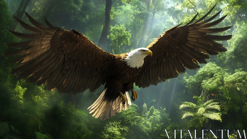 Majestic Bald Eagle Soaring Over Lush Green Forest, Realistic Art.
