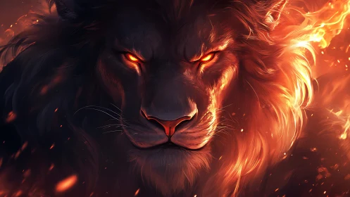 Fiery lion gazes forward with glowing eyes and embers