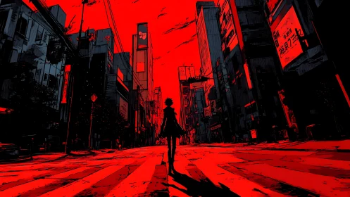 Lone silhouette crosses a blood-red neon city street at dusk.