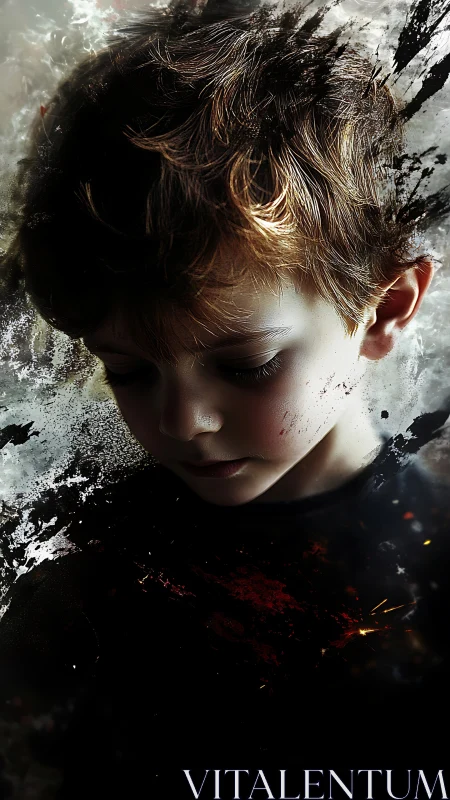 Young boy with short brown hair shown in profile with digital paint effects and motion blur