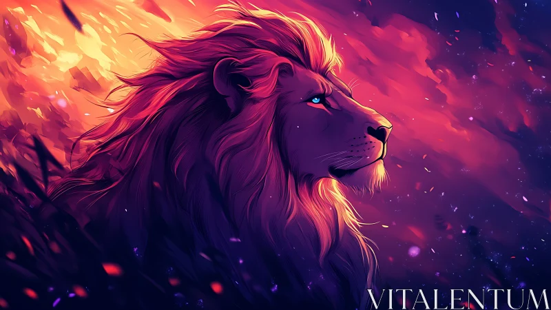 Lion of twilight skies watching embers drift by.