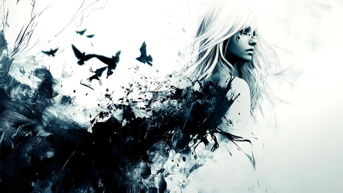 Dreamy white haired girl dissolving into ink and birds.