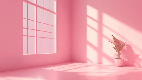 Minimal pink room with potted plant and window light.