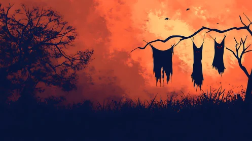 Silhouetted tree and hanging ghost figures at orange dusk.