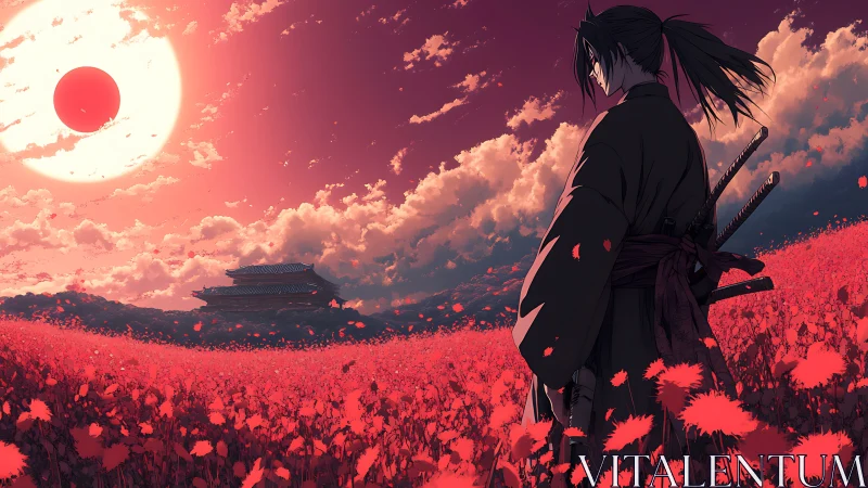 Samurai silhouette in crimson field under eclipsed sun.