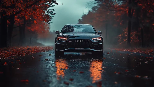 Midnight sedan prowls through misty road of burning autumn