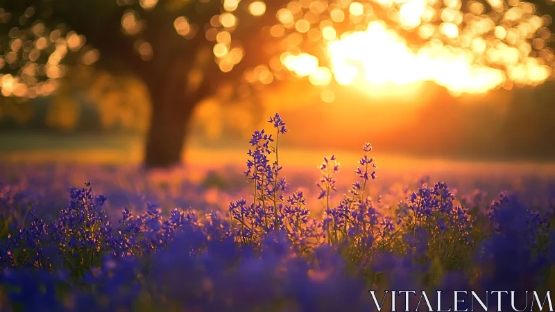 Backlit wildflower bokeh field under low-angle golden sun.