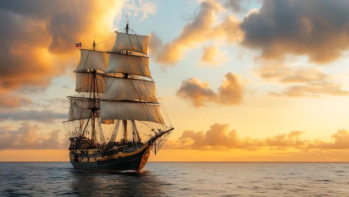 Sunlit tall ship glides softly beneath a painted sky