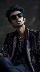 Man in ornate jacket wearing dark sunglasses and layered chains