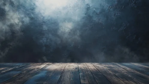 Moody wooden stage adrift in blue cinematic fog glow.