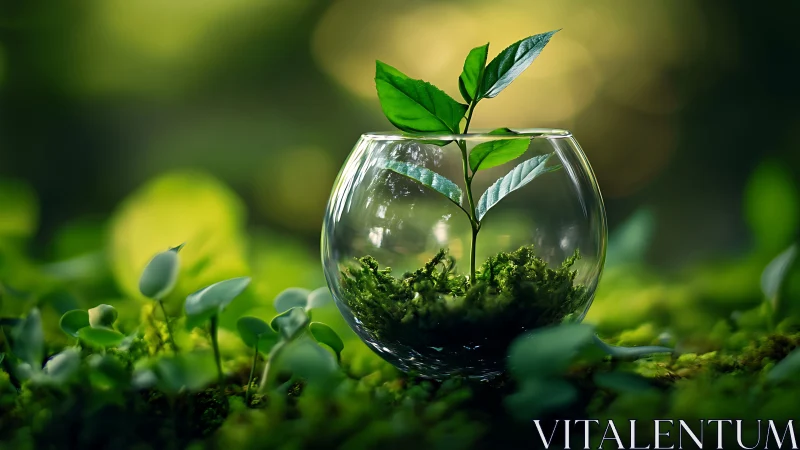 Young plant in glass terrarium, lush green nature, soft light, macro style.