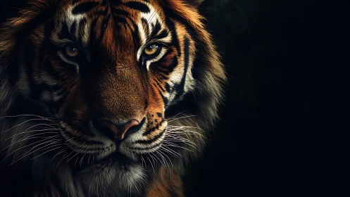 Low-key photorealistic tiger portrait with chiaroscuro contrast.