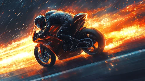 Flame-laced cyber racer knifes through storm-lit asphalt night.