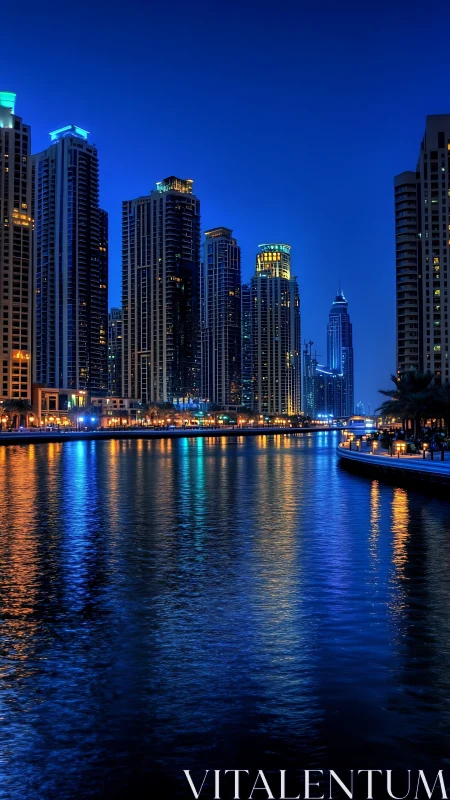 High-rise waterfront skyline at blue hour with reflections.