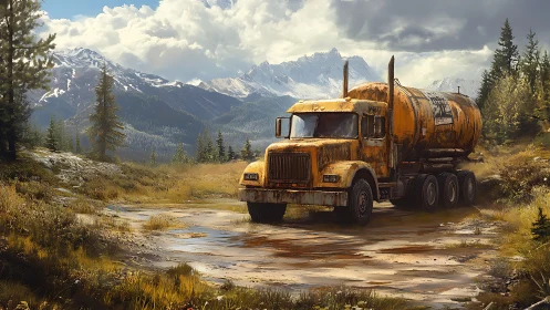 Rusty fuel tanker truck on muddy alpine forest road.