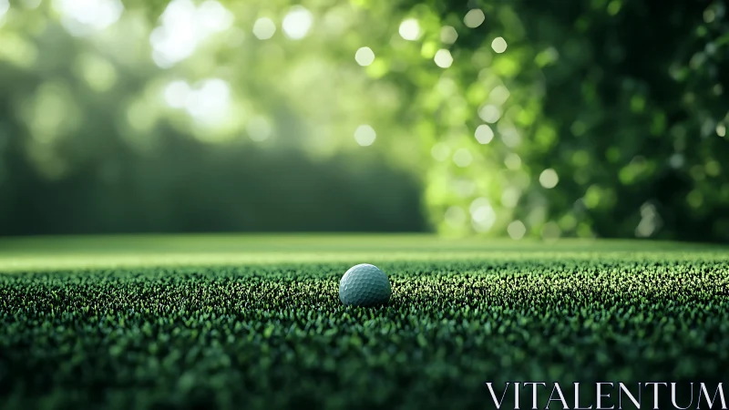 Photorealistic golf ball on sunlit fairway with bokeh depth.