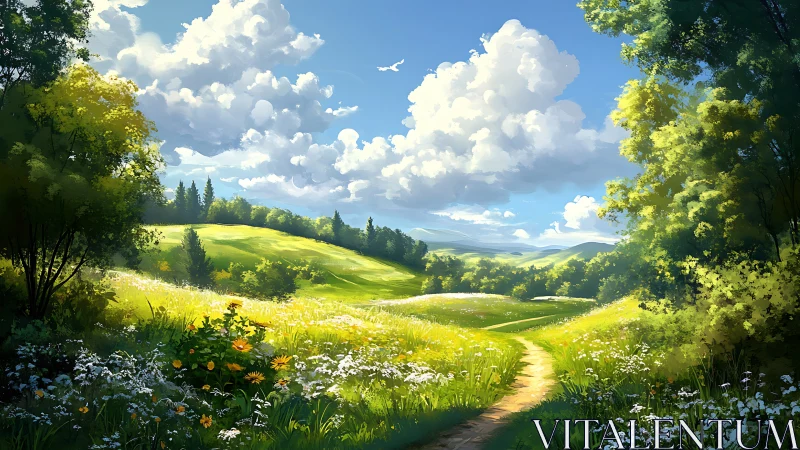 Sunlit wildflower meadow and winding path under bright sky.