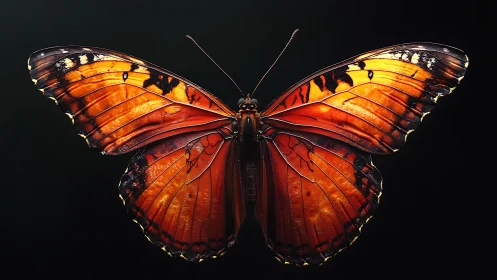 Detailed orange butterfly specimen on dark background.