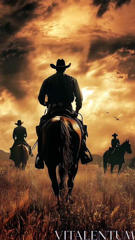 Backlit equestrian silhouettes under turbulent prairie sky.