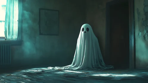 Ghostly sheet figure occupies decayed room with volumetric light