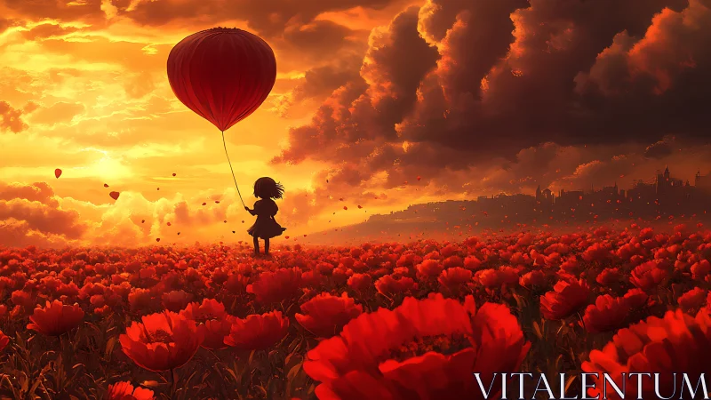 Girl with red balloon over blazing poppy field at dusk.