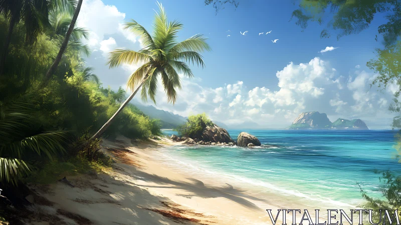 Tropical Beach Paradise with Coconut Palm and Turquoise Waters.