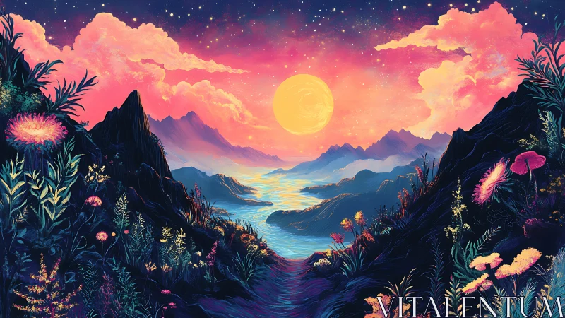 Luminous valley sunset digital painting with neon flora.