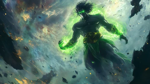 Mythic green energy figure in swirling storm environment.