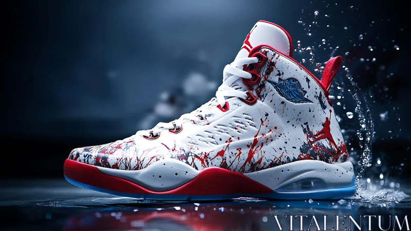 Dynamic red splatter basketball sneaker in dramatic splash scene.