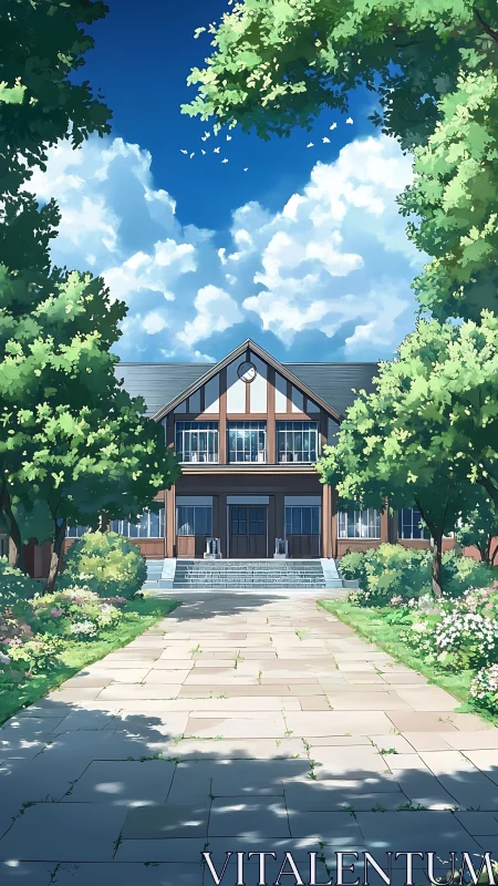 Sunlit tree-framed campus building with tiled garden path