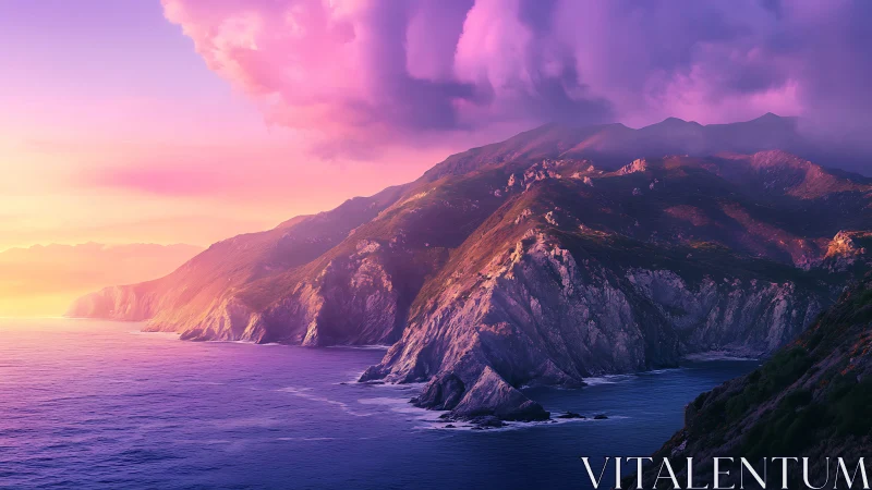 Sunset-drenched cliffs trade secrets with a violet ocean hush