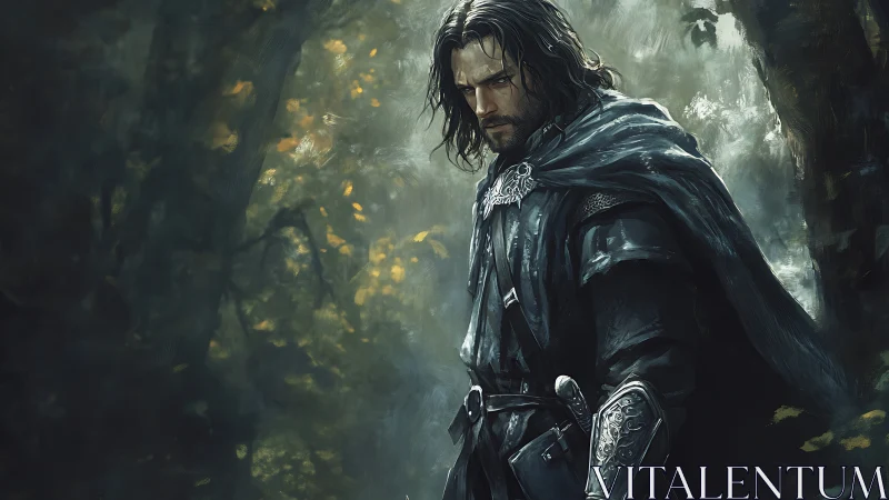 Cloaked swordsman standing in dim forest environment.