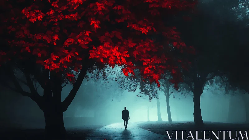 Solitary figure under blazing red canopy in foggy park.