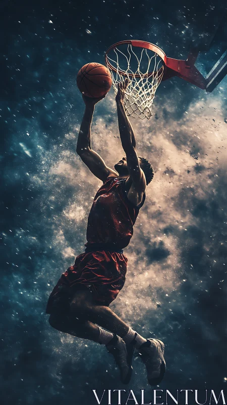 Dynamic basketball dunk under dramatic cosmic spotlight.
