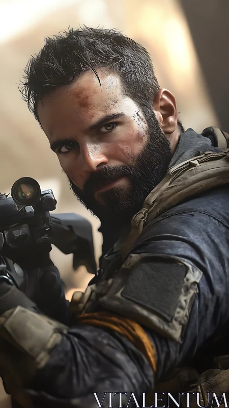 Focused tactical hero aiming forward in soft golden light.