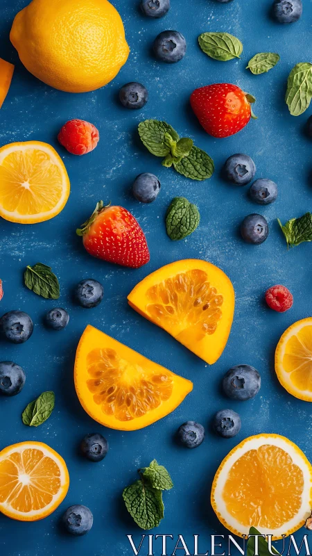 Citrus slices and berries form vibrant flatlay on blue background