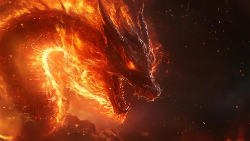Blazing Ember Dragon Coiled in a Storm of Living Fire.
