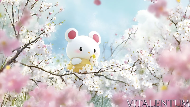 Gentle toy mouse enjoys a peaceful day in cherry blossoms