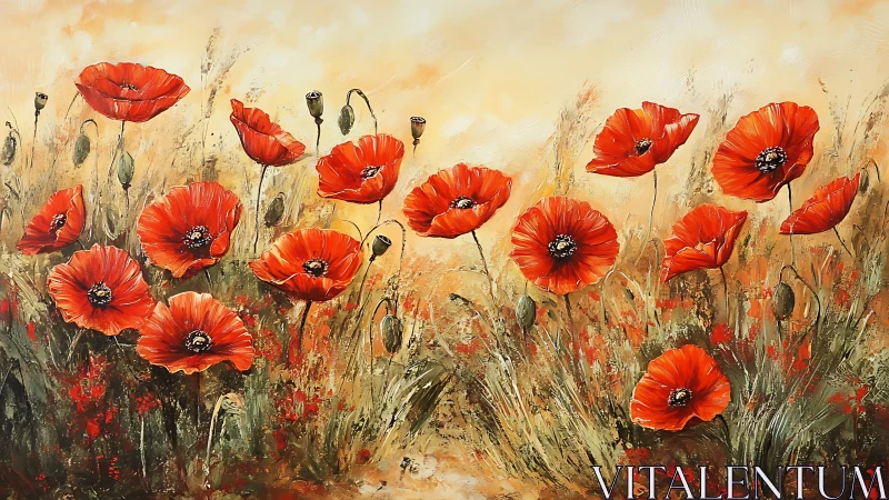 Scarlet poppies whirl in windswept fields of molten dawn.